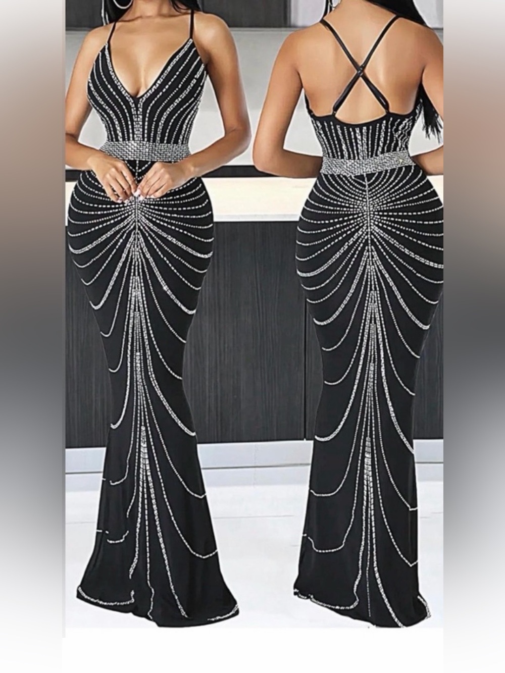 Windsor Black Maxi Gown with Silver Crystal Detailing